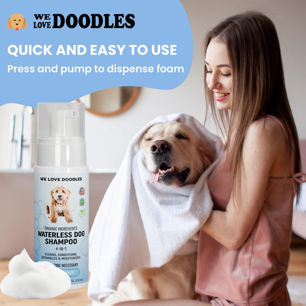 We Love Doodles foam application demonstrates coat cleaning without water.