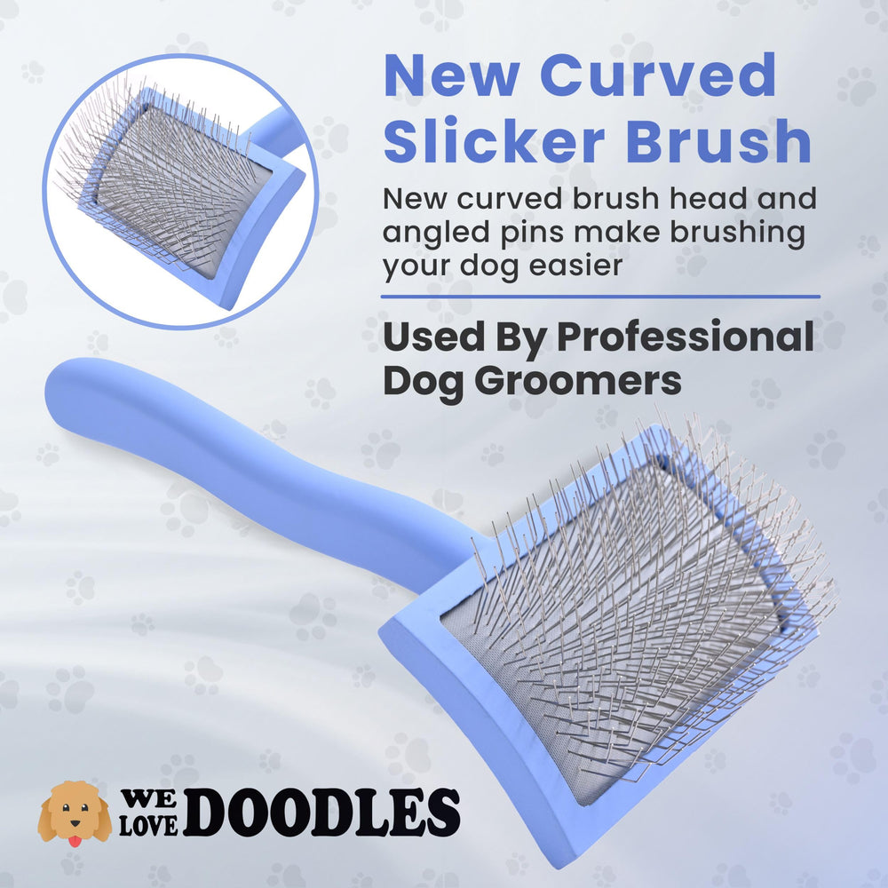 We Love Doodles long-pin brush provides deeper grooming for dense, long coats.