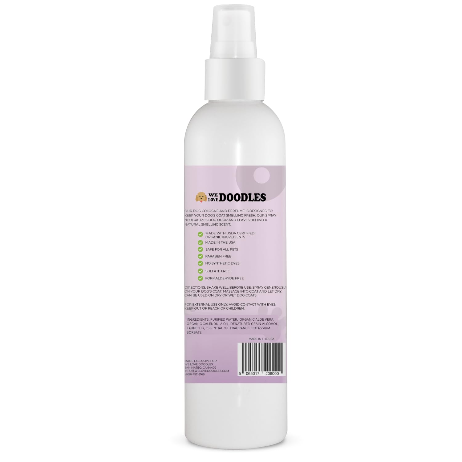 We Love Doodles made-in-USA pet cologne packaging emphasizes safe ingredients.
