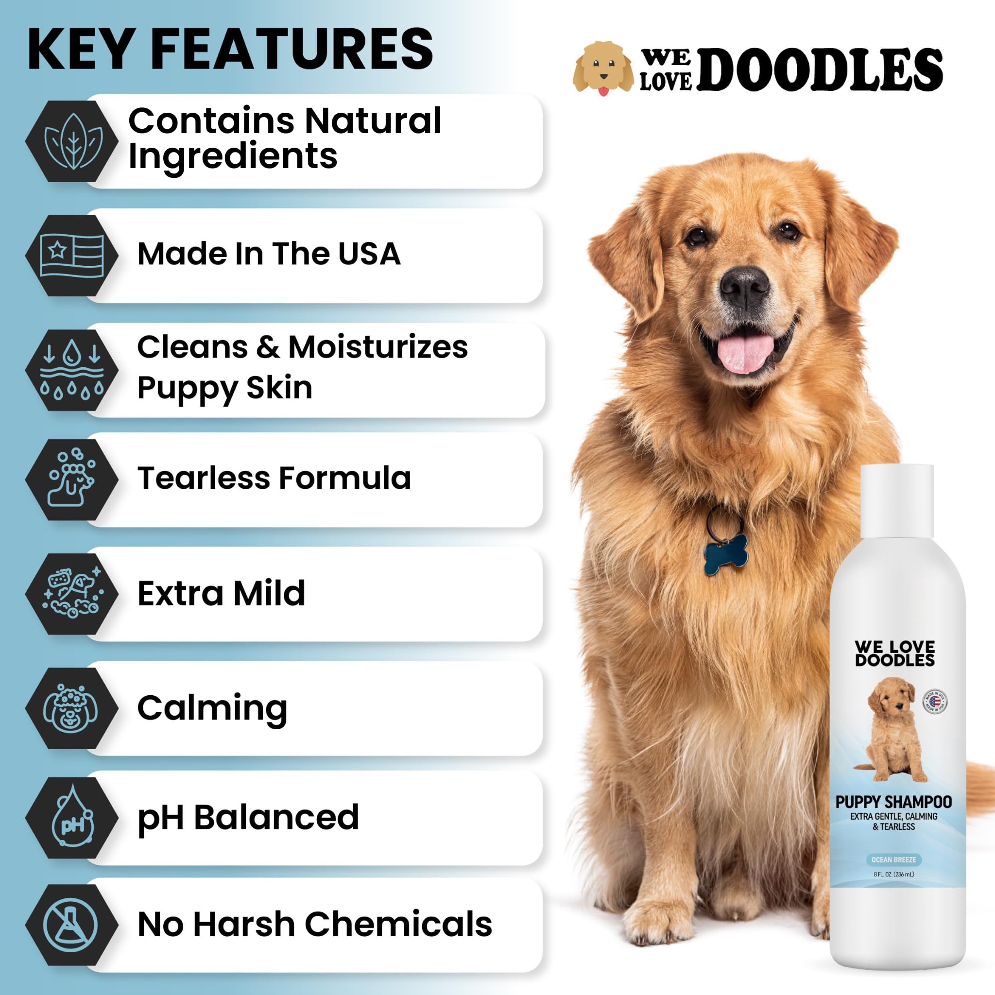 We Love Doodles made-in-USA puppy shampoo packaging highlighting safe, clean ingredients