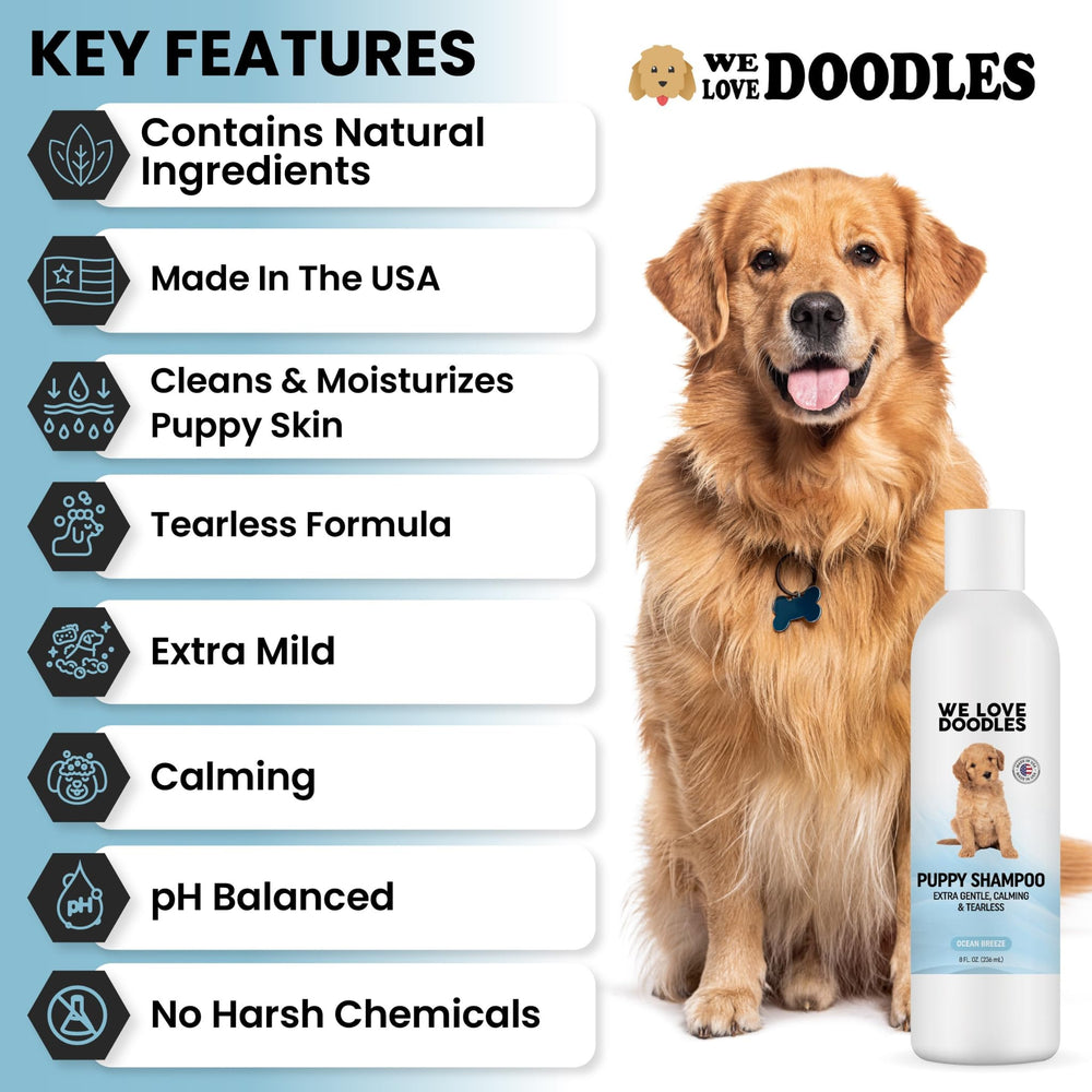 We Love Doodles made-in-USA puppy shampoo packaging highlighting safe, clean ingredients