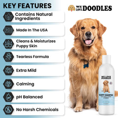 We Love Doodles made-in-USA puppy shampoo packaging highlighting safe, clean ingredients