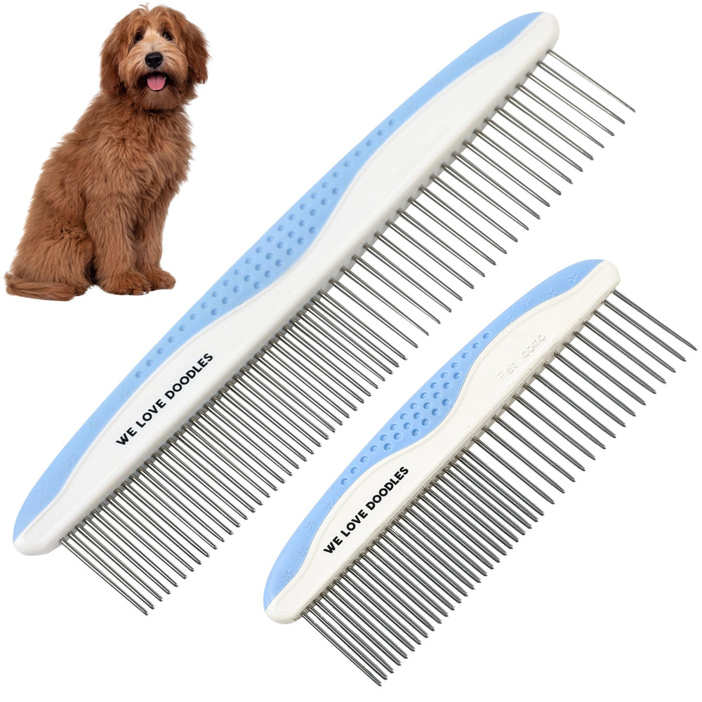 We Love Doodles metal dog comb 2-pack front view for grooming.