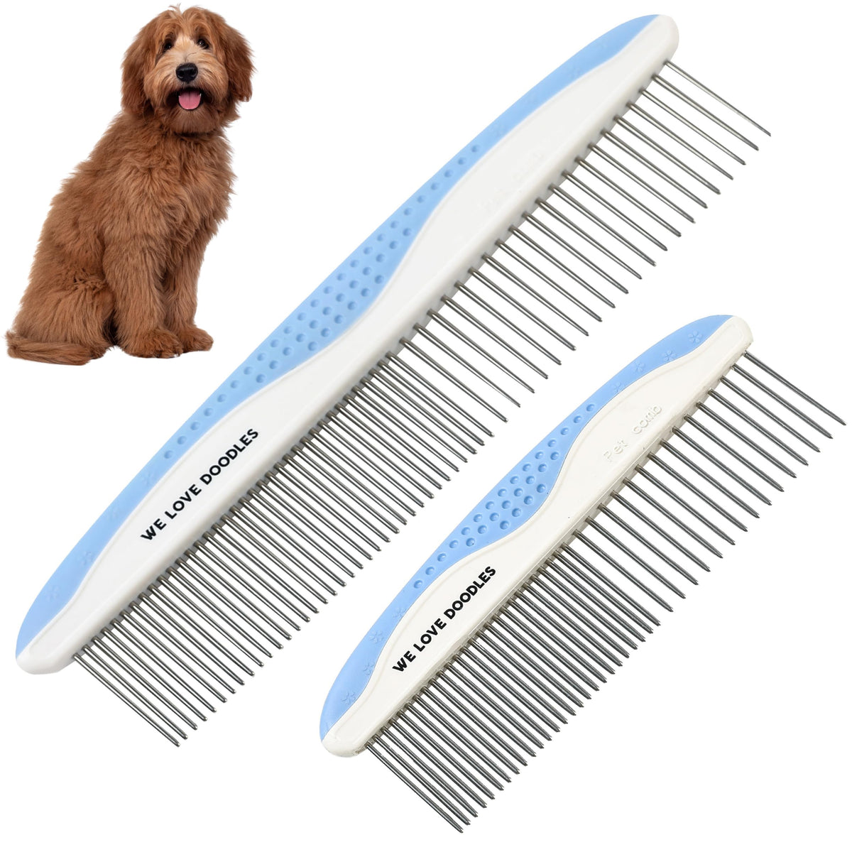 We Love Doodles metal dog comb 2-pack front view for grooming.