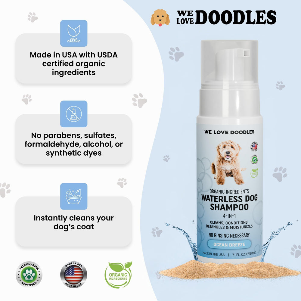 We Love Doodles Ocean Breeze spray showcases deodorizing no-rinse use.