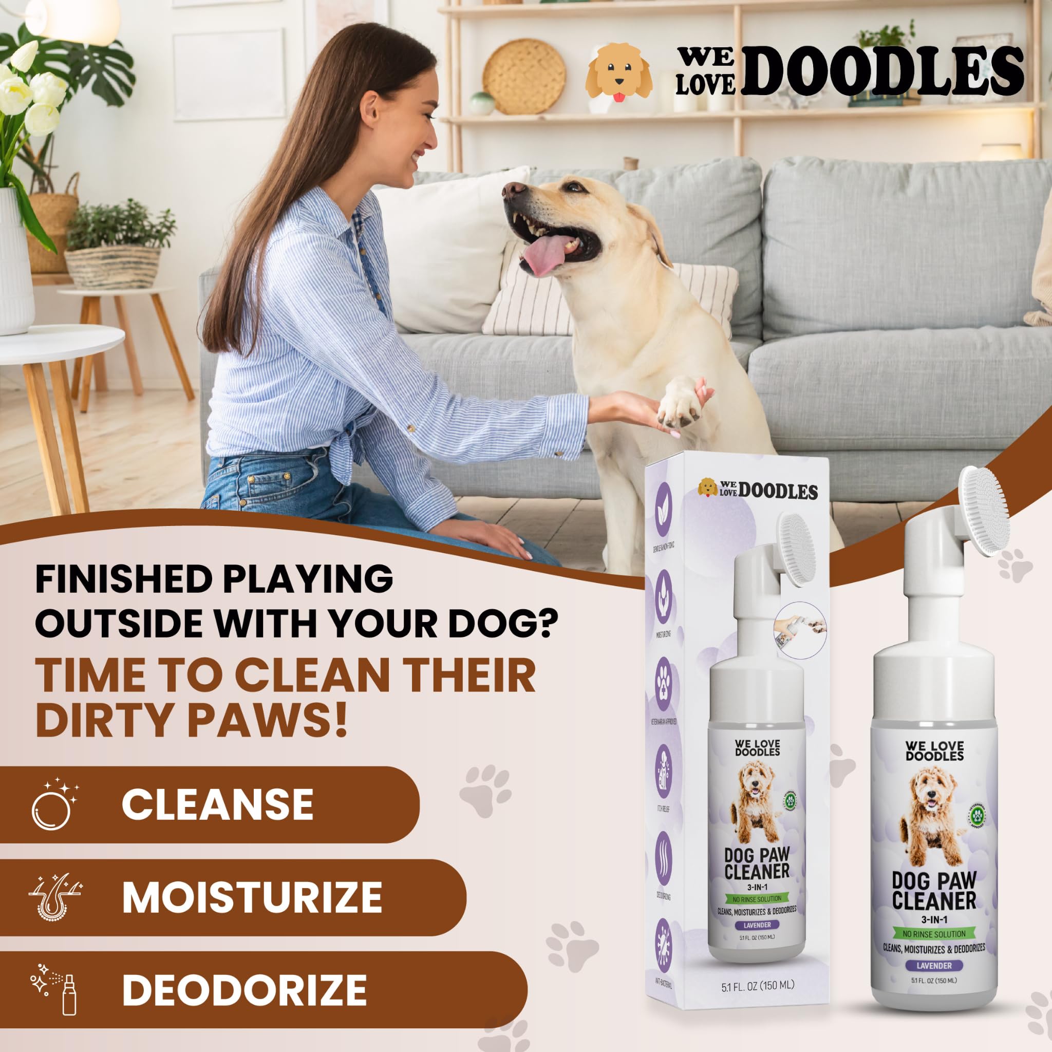 We Love Doodles moisturizing foam focuses on paw pad hydration after cleaning.