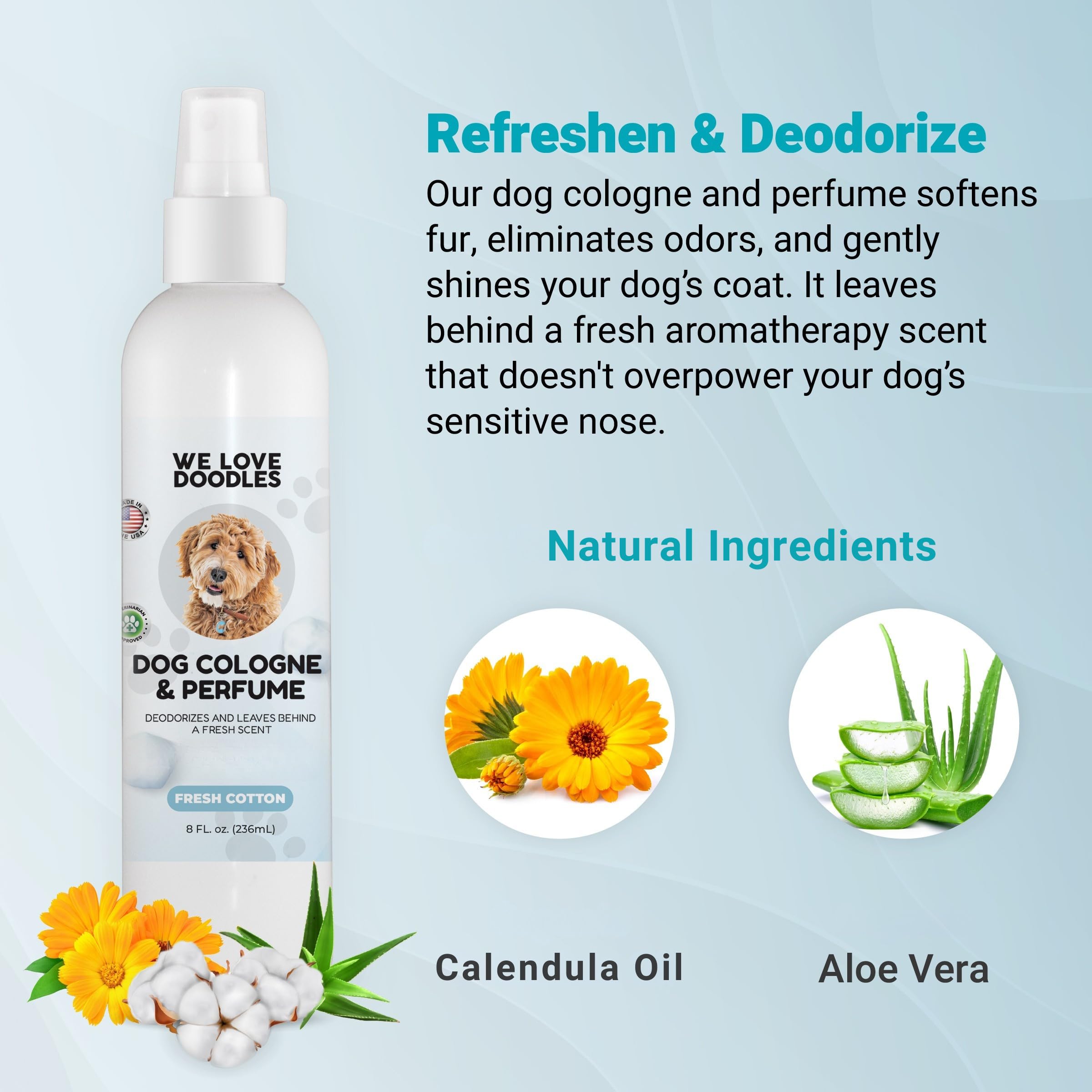 We Love Doodles pet grooming spa-like experience image conveys premium fragrance use.