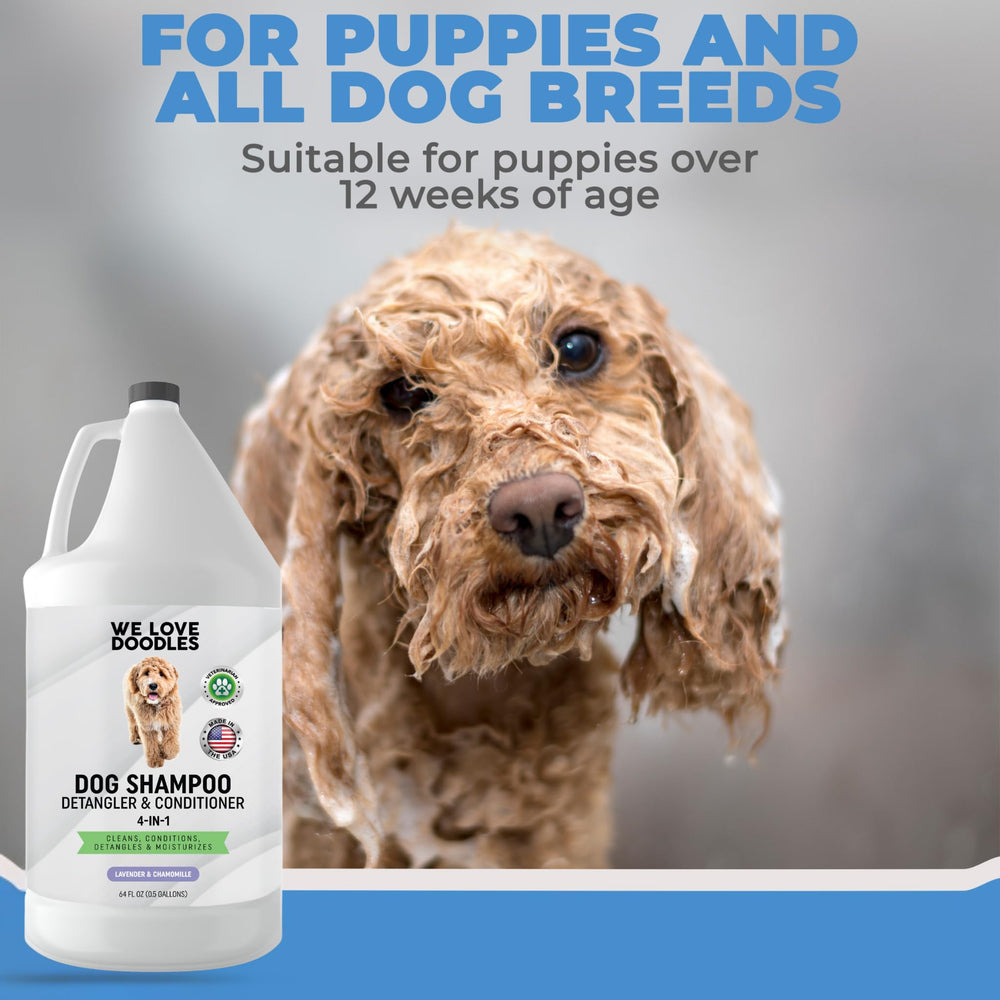 We Love Doodles puppy-friendly lavender wash shows gentle care for young doodles.