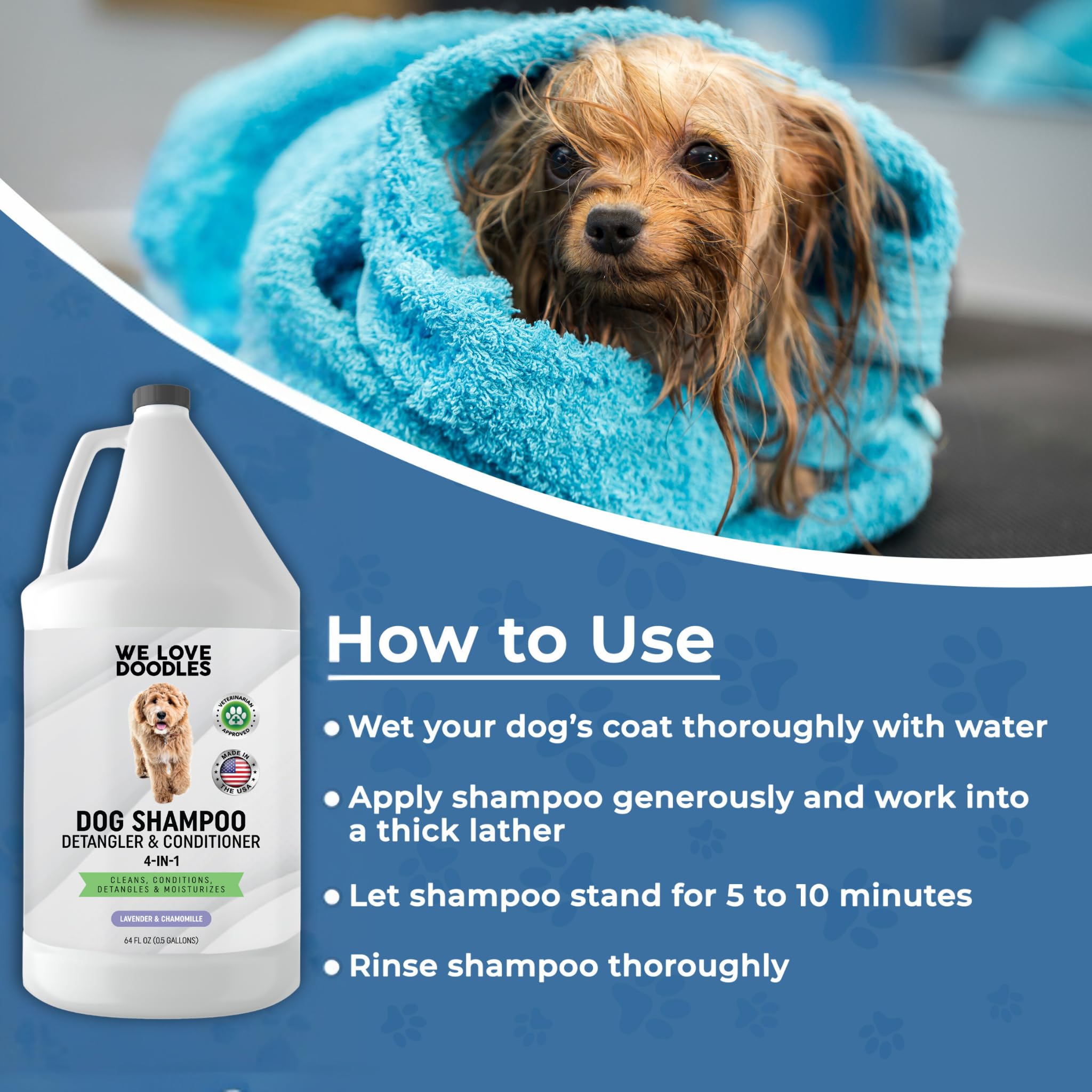 We Love Doodles 4-in-1 bottle image implies cleaning, conditioning, detangling, and moisturizing in one wash.