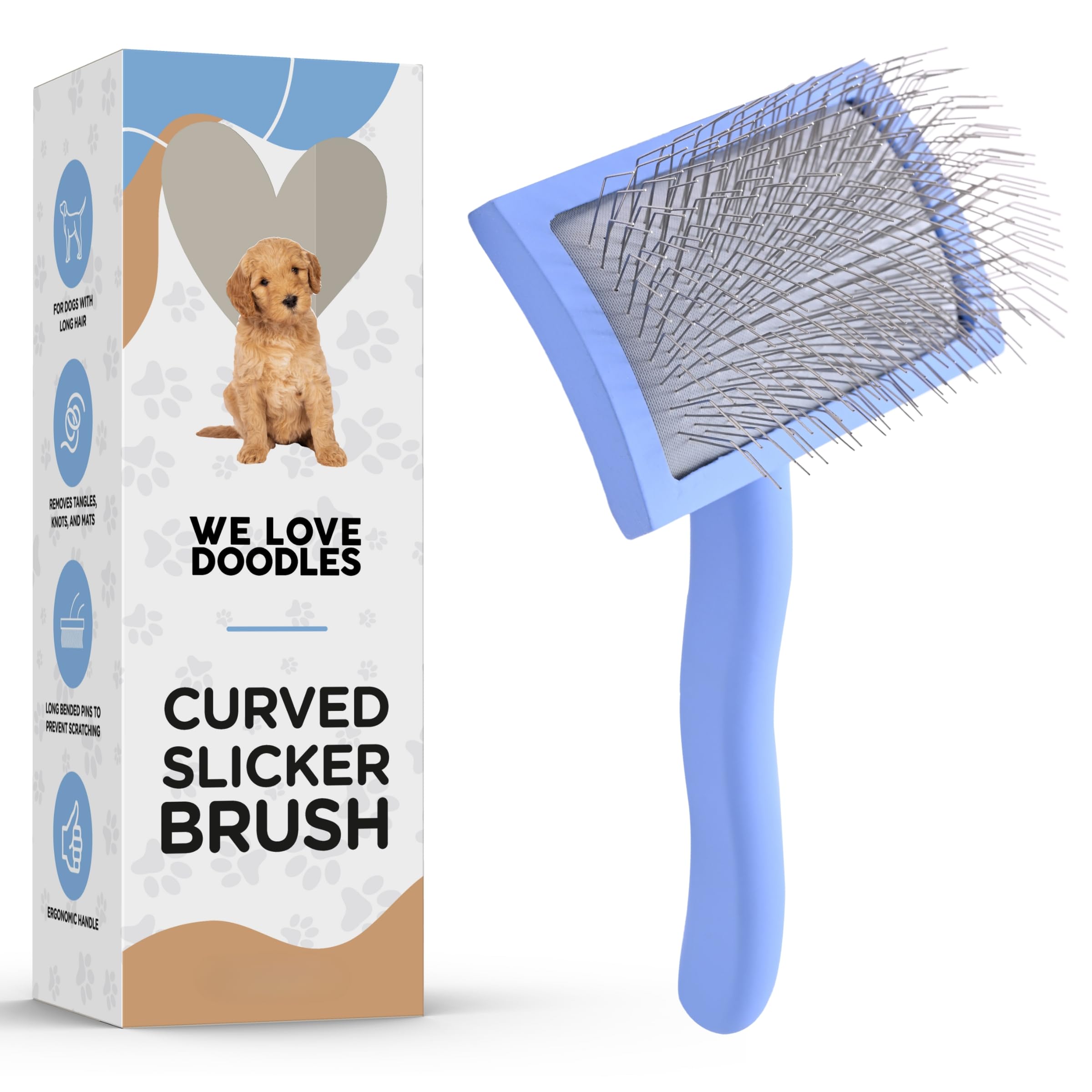 We Love Doodles slicker brush with long pins and curved head for gentle detangling.