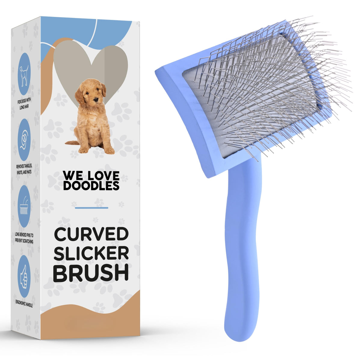 We Love Doodles slicker brush with long pins and curved head for gentle detangling.