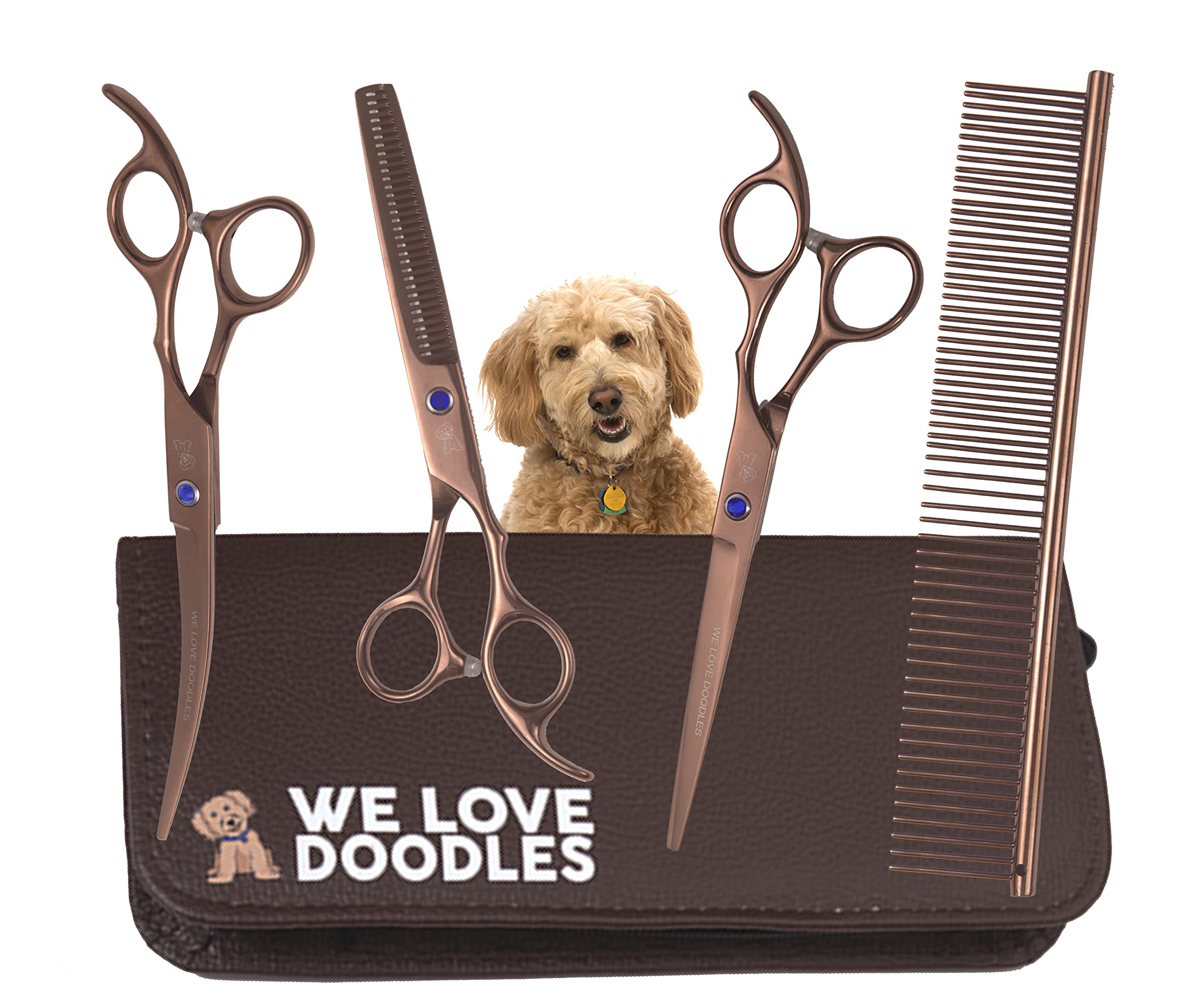 We Love Doodles straight scissor in hand for precise trimming on doodle coats.