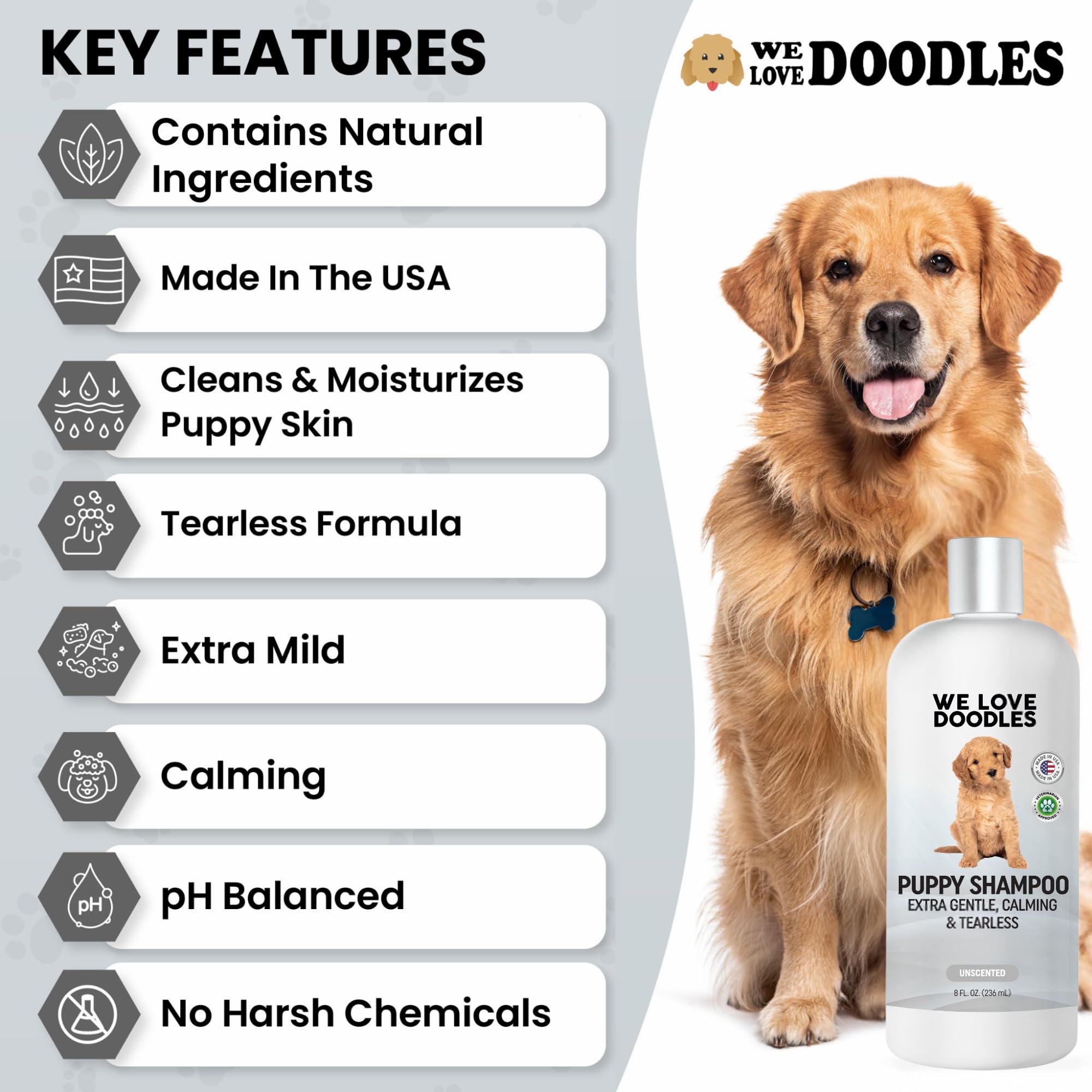 We Love Doodles tear-free puppy shampoo for calm bath time.