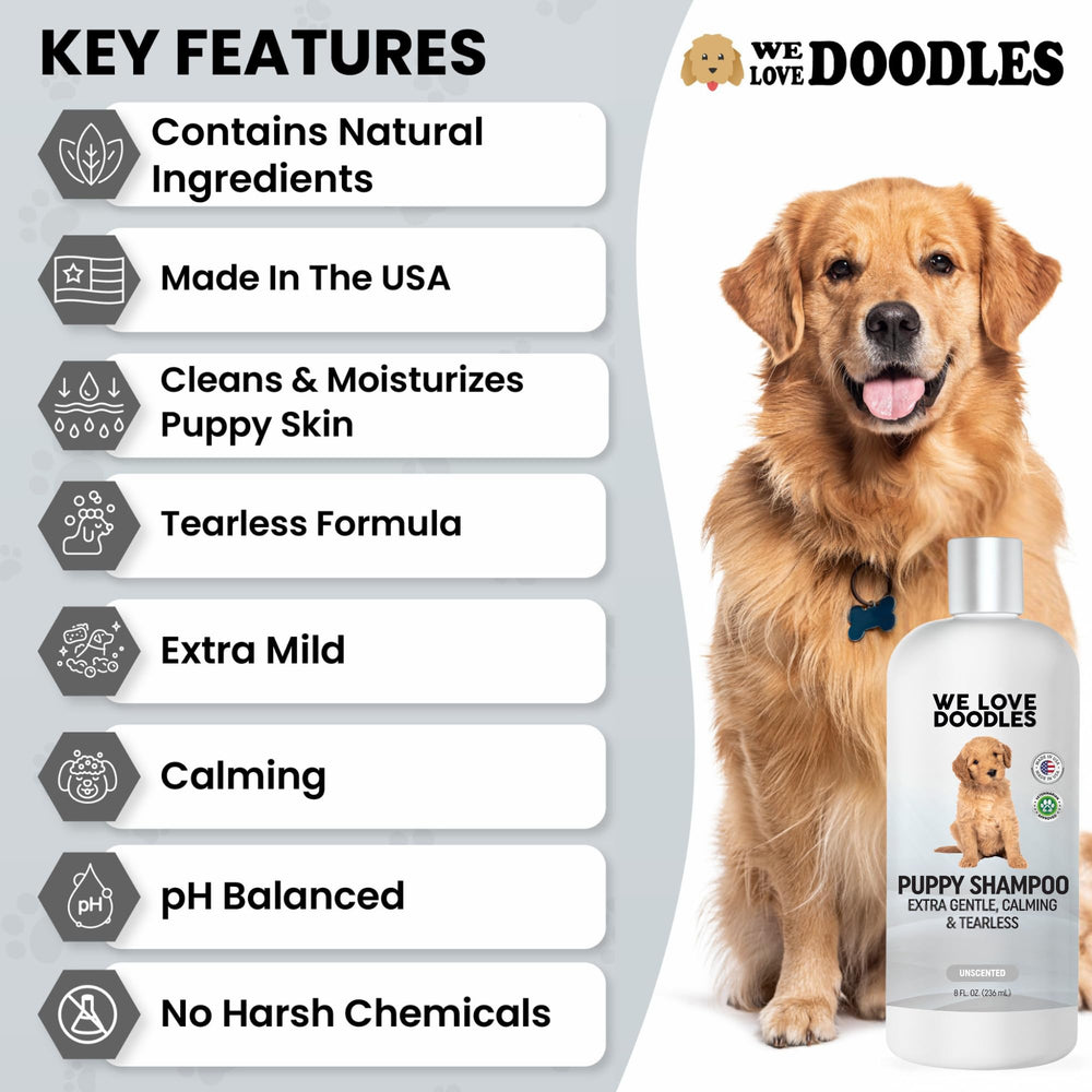 We Love Doodles tear-free puppy shampoo for calm bath time.