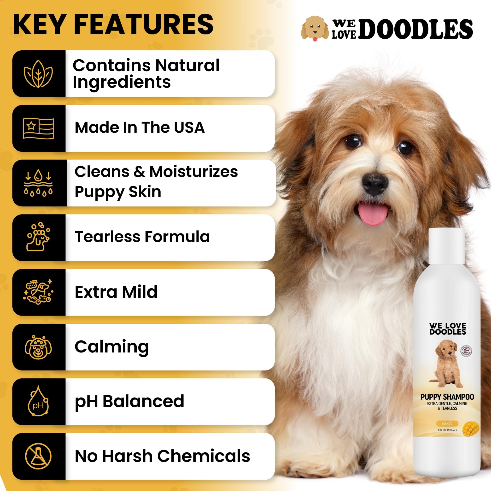 We Love Doodles tear-free shampoo bottle designed for safe puppy baths