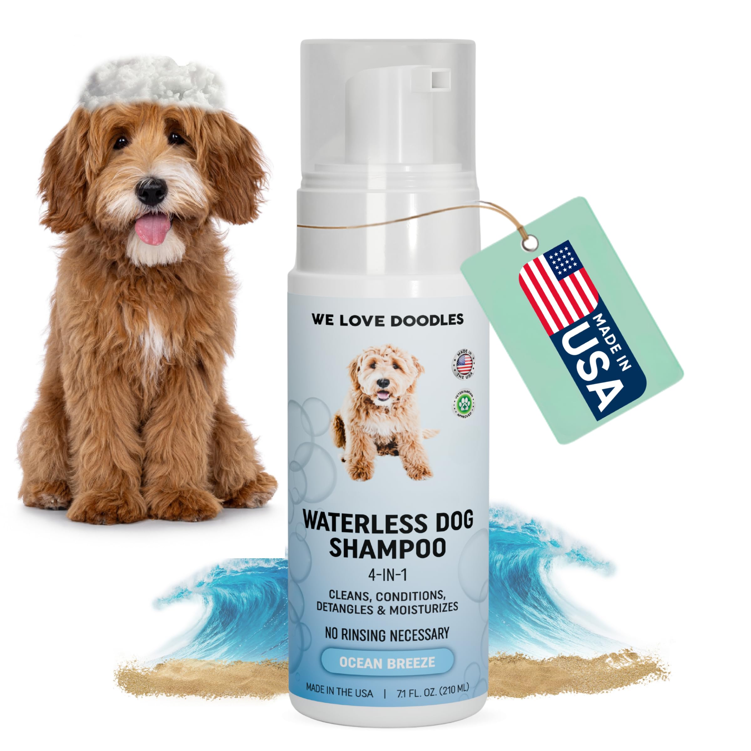 We Love Doodles waterless shampoo bottle close-up for quick no-rinse refresh.