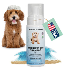 We Love Doodles waterless shampoo bottle close-up for quick no-rinse refresh.