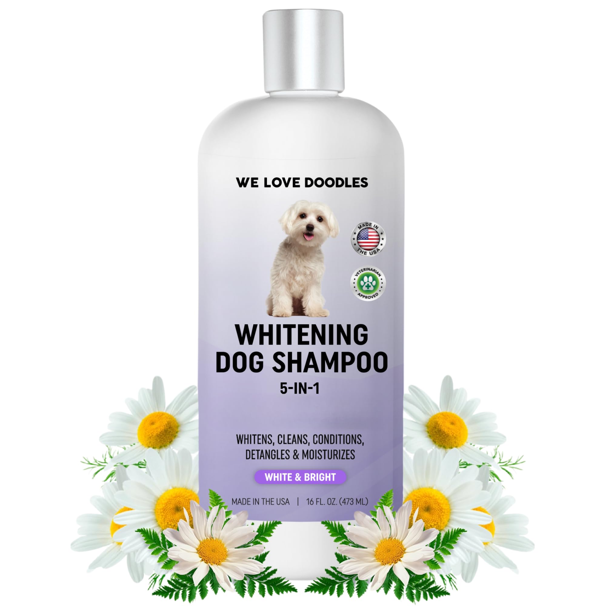 We Love Doodles whitening dog shampoo bottle demonstrates brighter white fur after a bath.