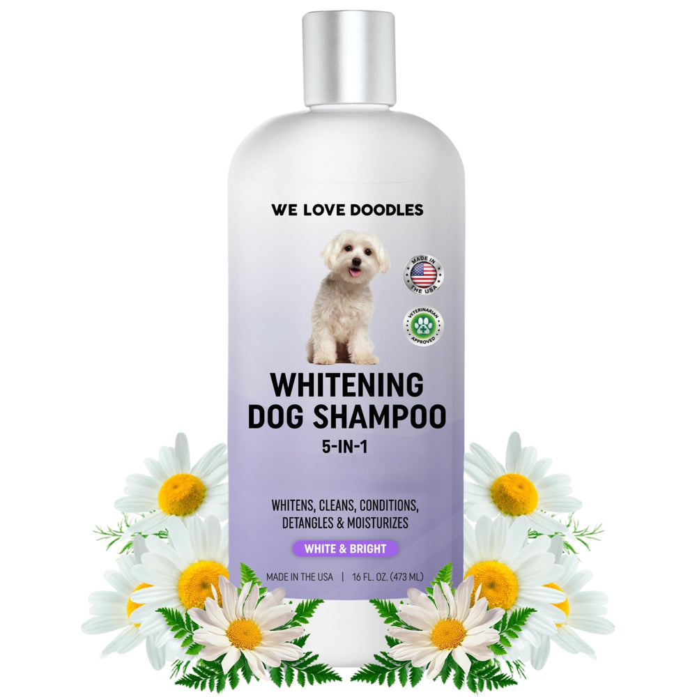 We Love Doodles whitening dog shampoo bottle demonstrates brighter white fur after a bath.