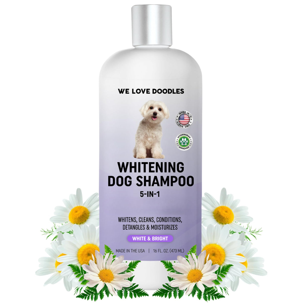 We Love Doodles whitening dog shampoo bottle demonstrates brighter white fur after a bath.