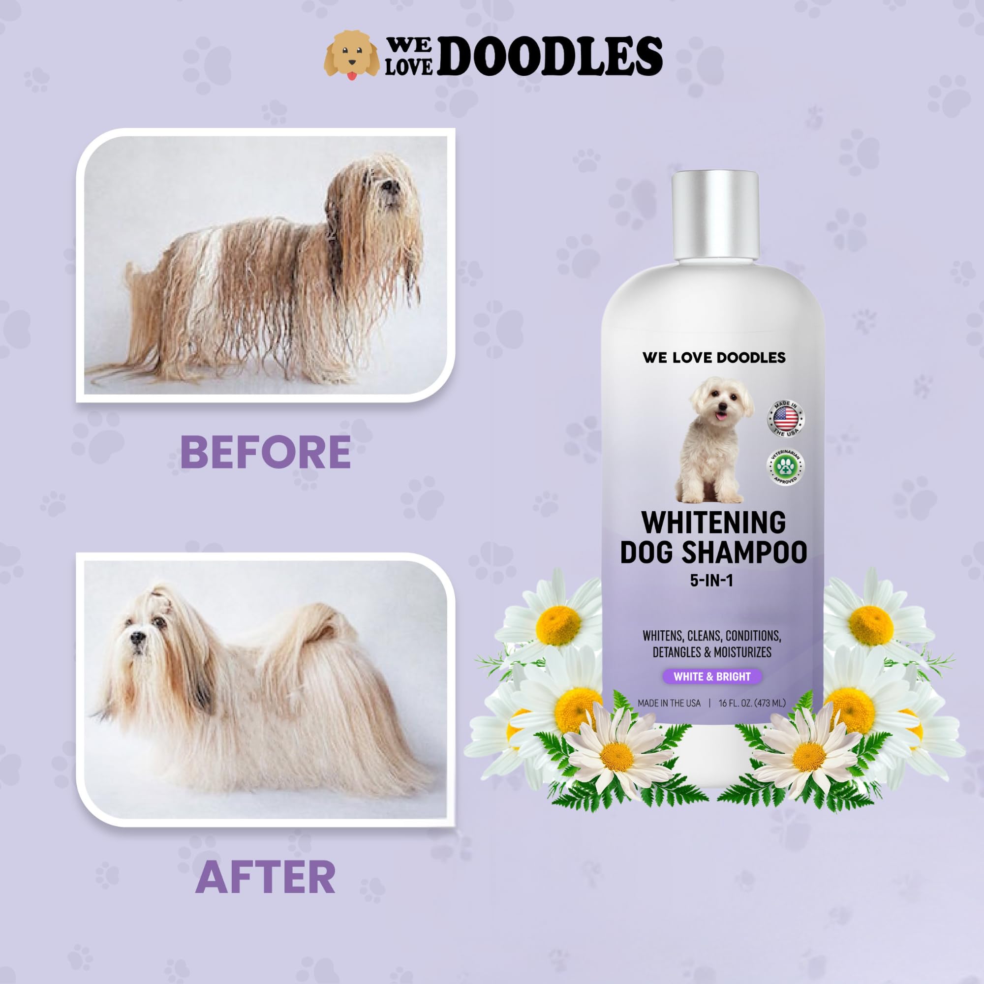 We Love Doodles shampoo bottle shows rich lather for gentle coat cleansing.