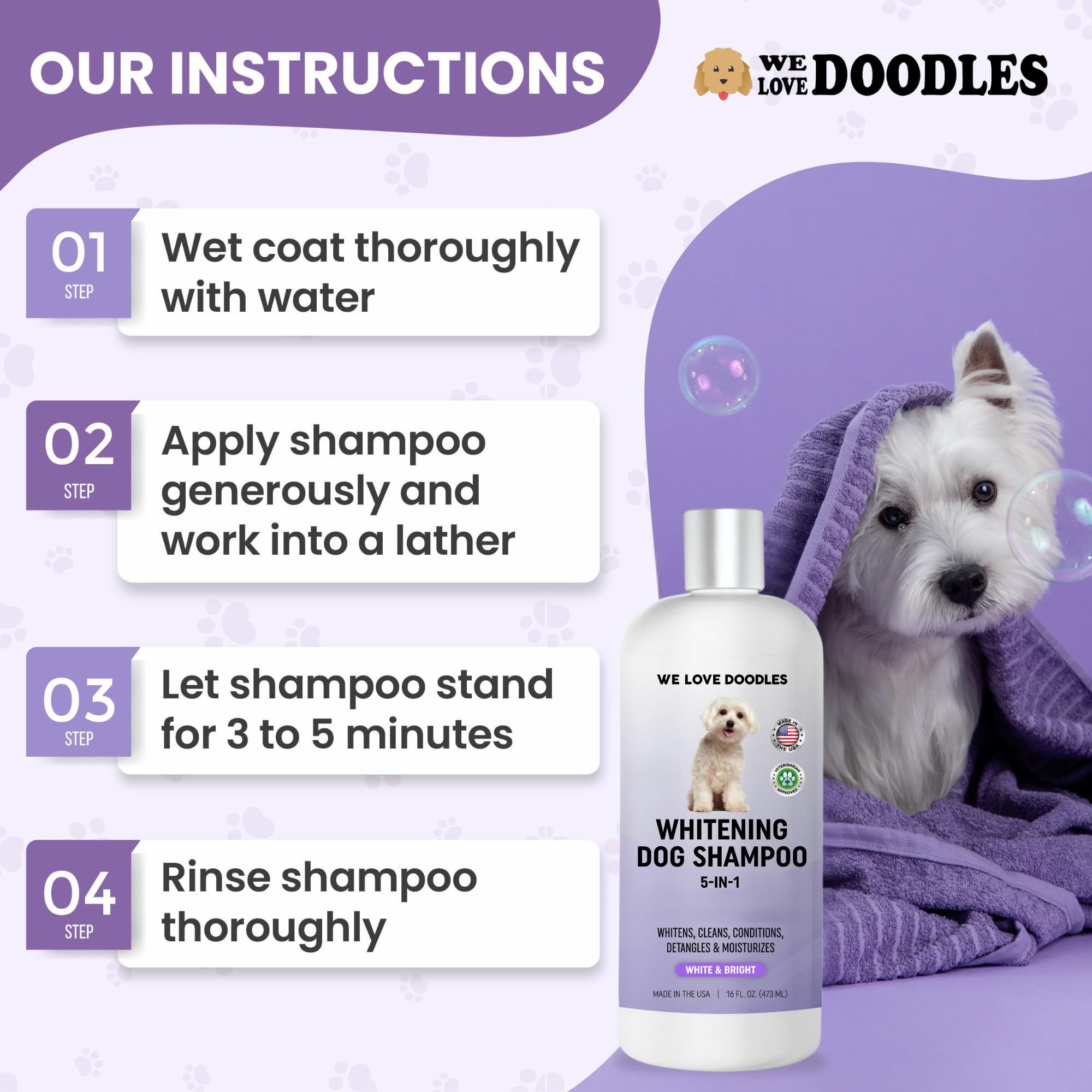 We Love Doodles shampoo image highlights stain and discoloration removal on white fur.