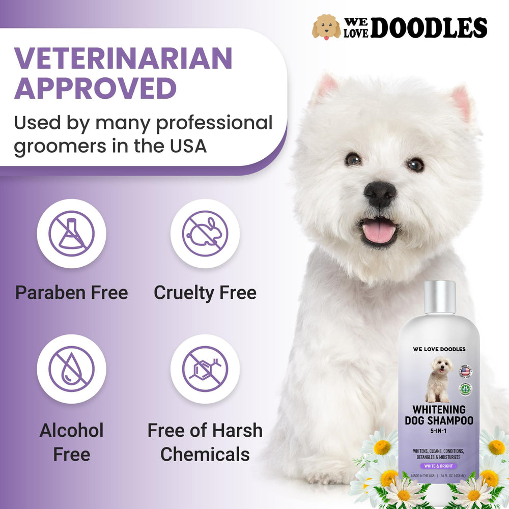 We Love Doodles whitening dog shampoo label emphasizes USA-made quality and clean ingredients.