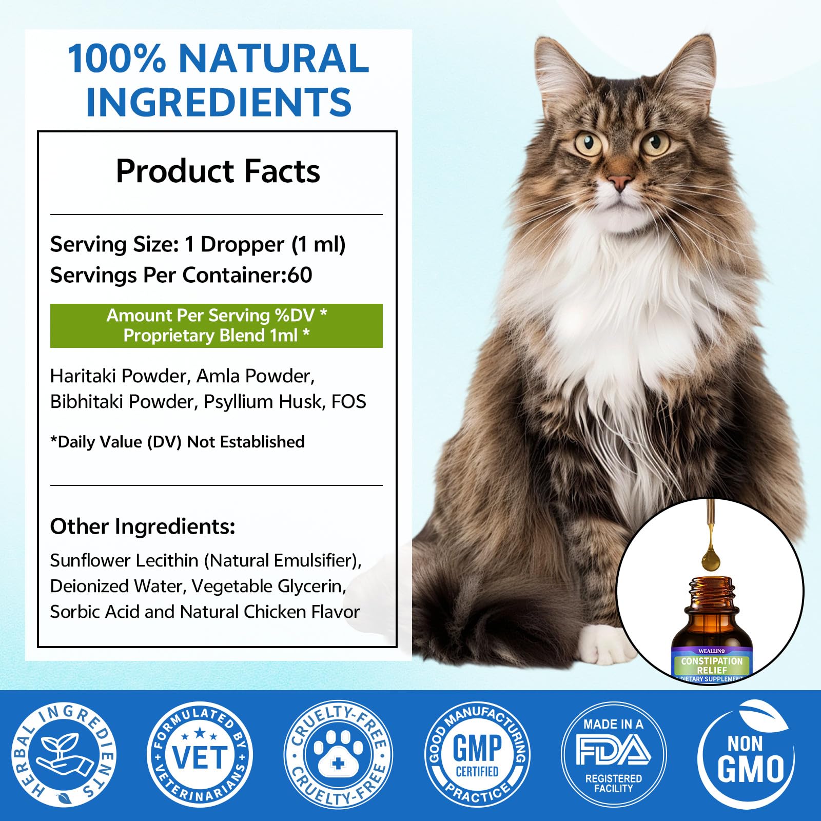 WEALLIN cat constipation relief dosing guide, clear visual for half-to-full-dose progression.
