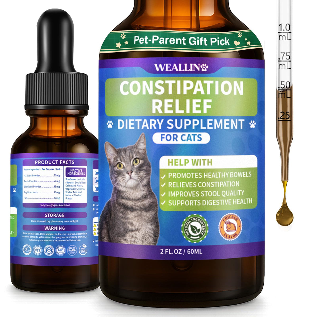 WEALLIN cat constipation relief drops bottle, easy daily administration for gentle digestive support.
