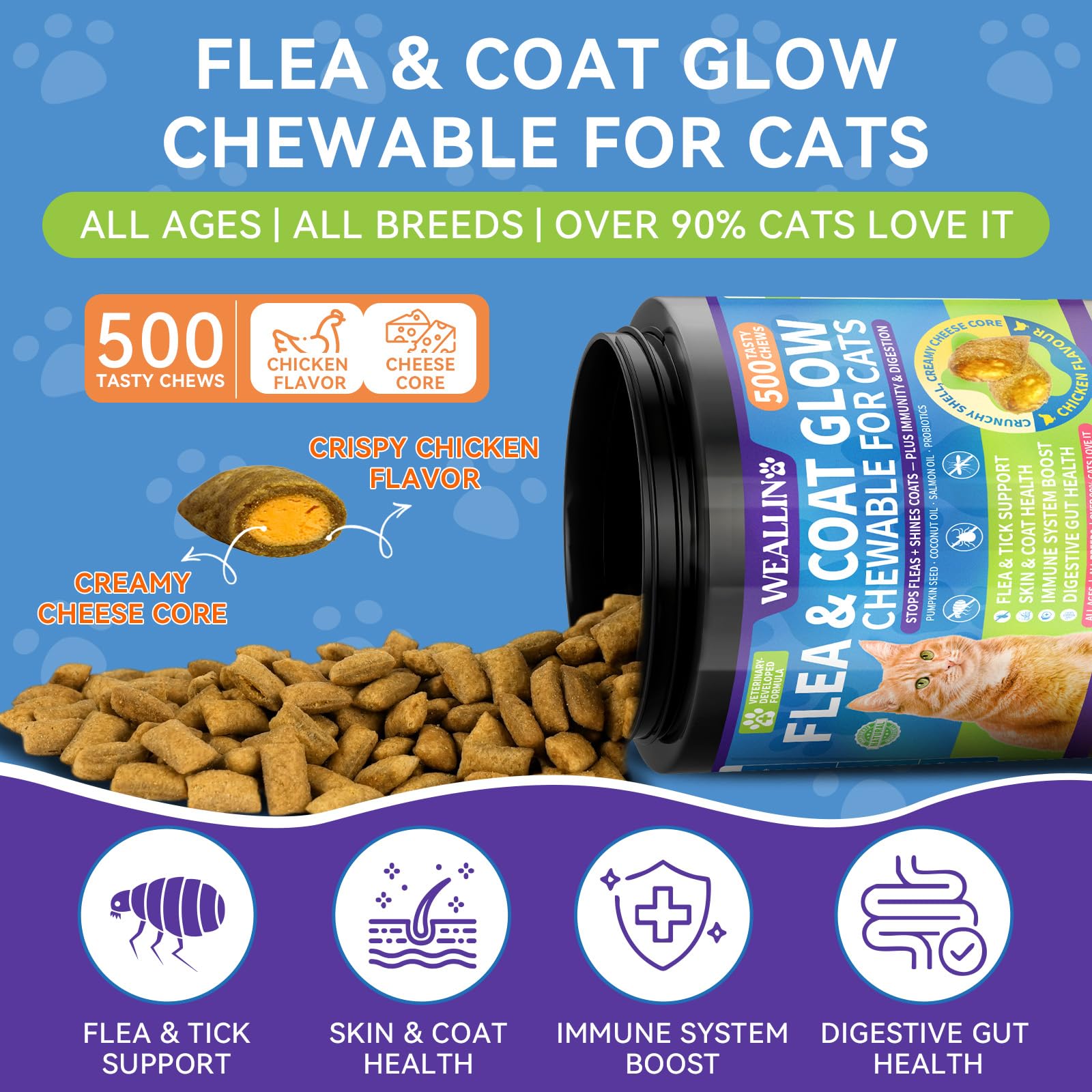 WEALLIN flea chews crunchy chicken exterior appealing to cats