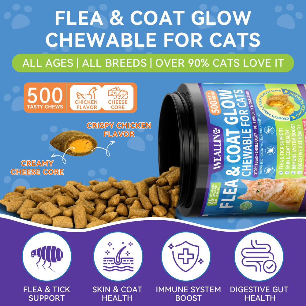 WEALLIN flea chews crunchy chicken exterior appealing to cats