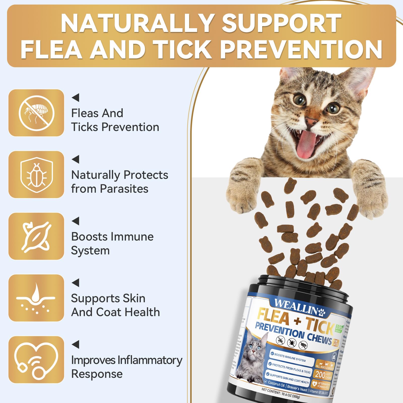 WEALLIN cat flea prevention bottle image shows three-month protection potential.