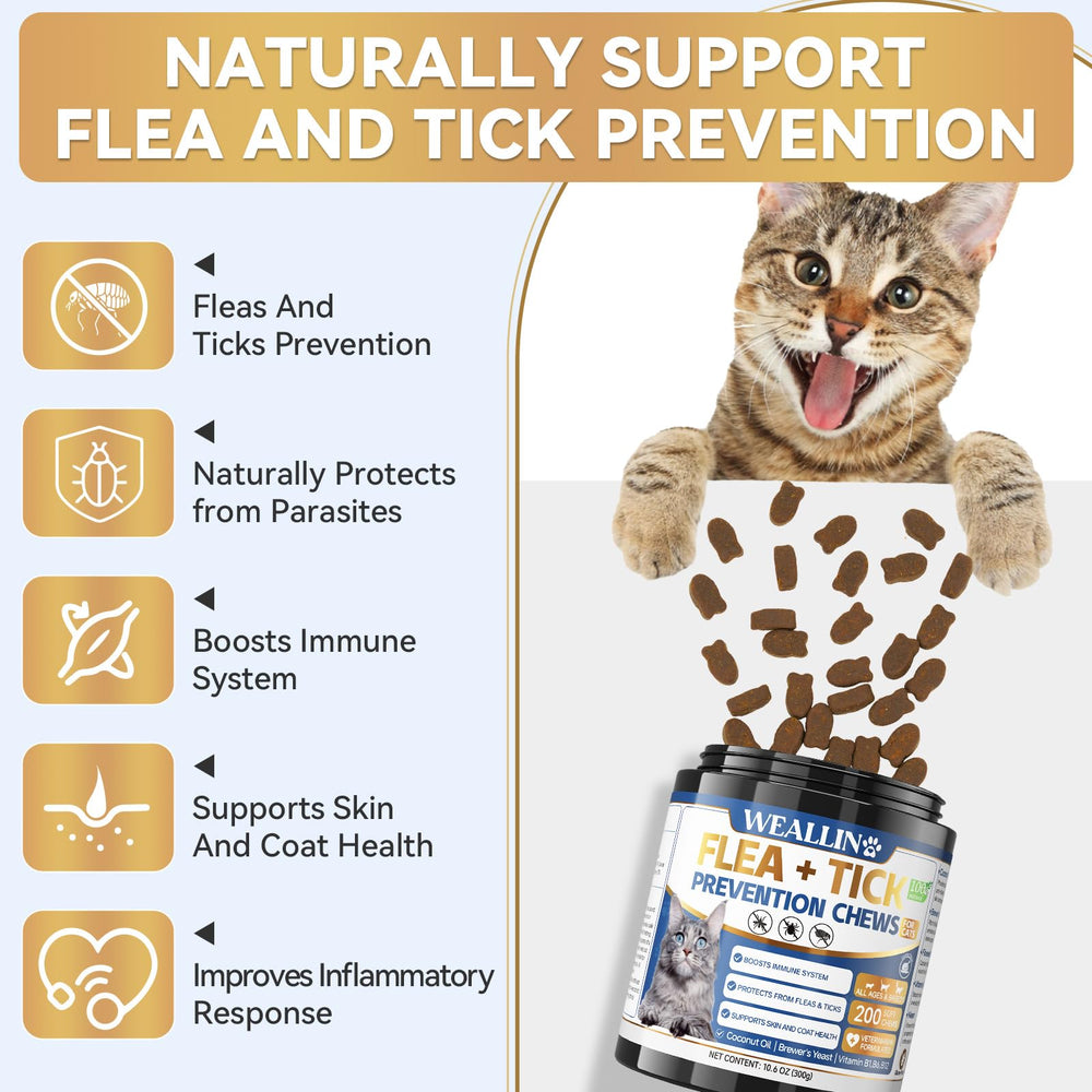 WEALLIN cat flea prevention bottle image shows three-month protection potential.
