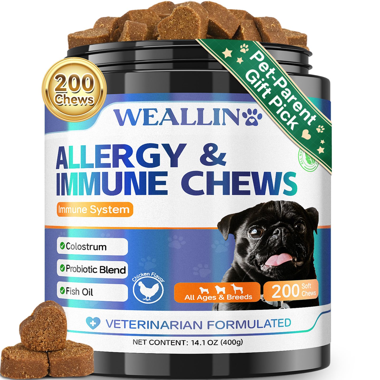 WEALLIN dog allergy relief chews pack showing convenient daily support for itchy skin