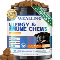 WEALLIN dog allergy relief chews pack showing convenient daily support for itchy skin
