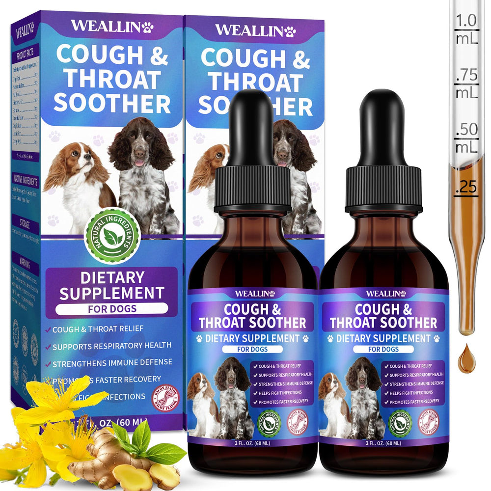 WEALLIN dog cough treatment bottle pour illustrating easy daily dosing for comfortable breaths.