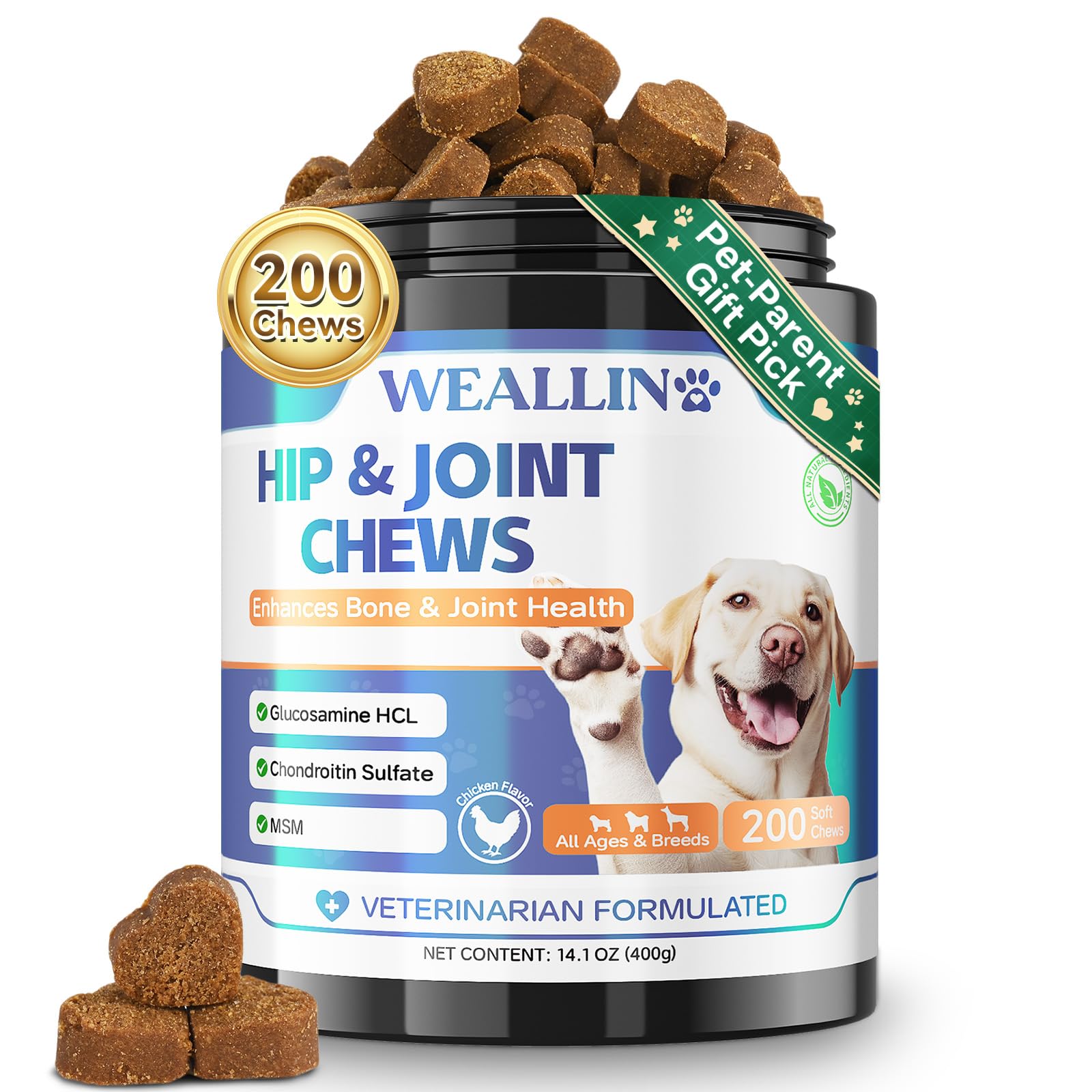 WEALLIN dog joint supplement chicken chews bottle supports mobility while offering a tasty, easy-to-feed joint treat.