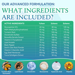 WEALLIN dog joint supplement glucosamine MSM chondroitin ingredients showcase bone-supporting formula for joint health.
