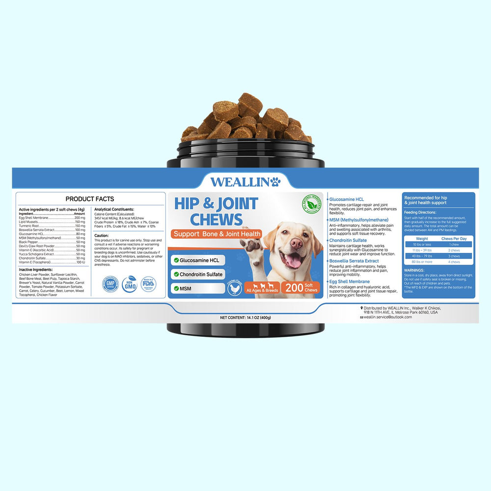WEALLIN dog joint supplement packaging info image communicates clear dosage and usage for pet parents.