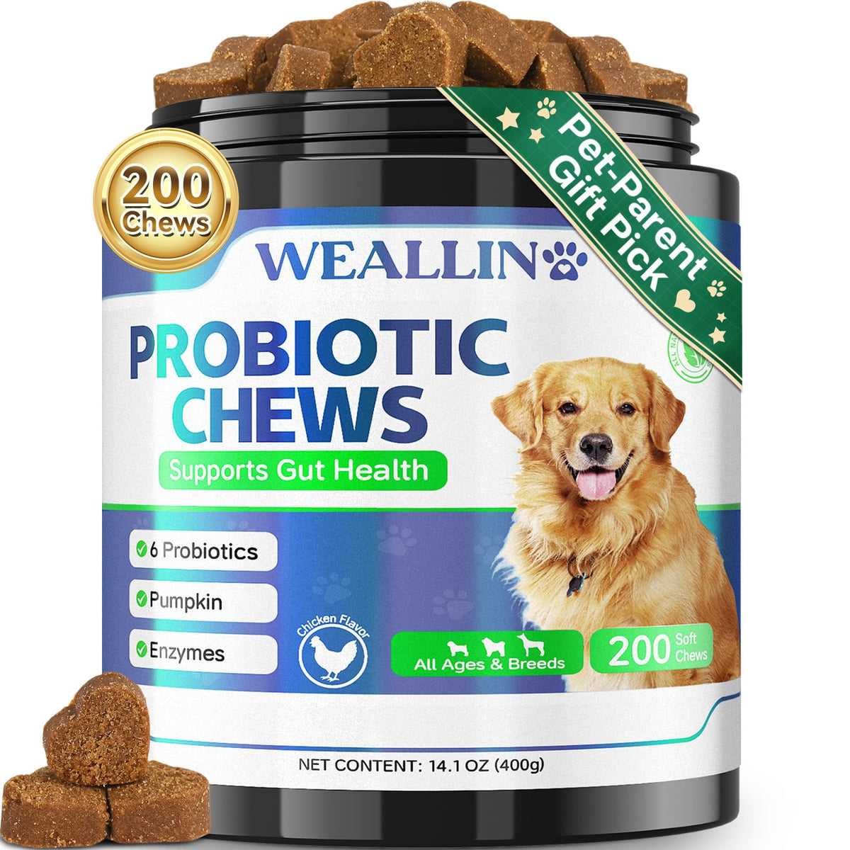 WEALLIN dog probiotics jar-front label and cap for digestive support