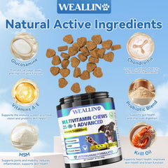 WEALLIN dog vitamins joints image emphasizes glucosamine and chondroitin for mobility.