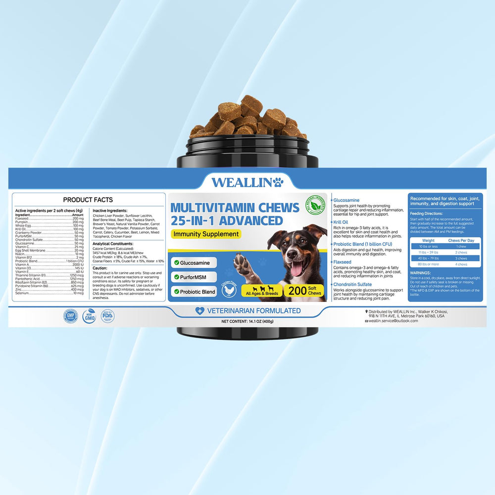 WEALLIN dog vitamins packaging image communicates premium, vet-formulated quality.