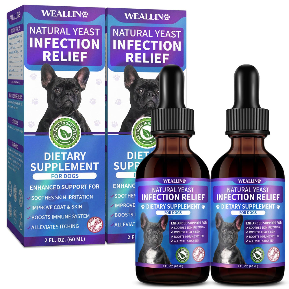 WEALLIN dog yeast drops bottle demonstrates fast relief for itchy skin.