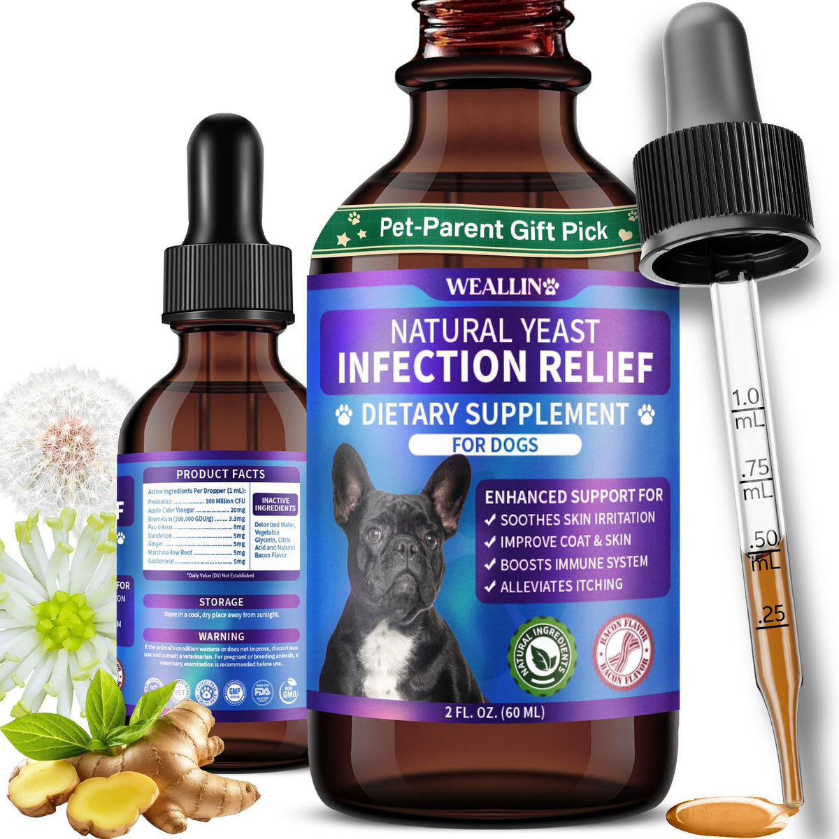 WEALLIN drops bottle closeup highlighting probiotic-powered formula for dog skin and ear support.