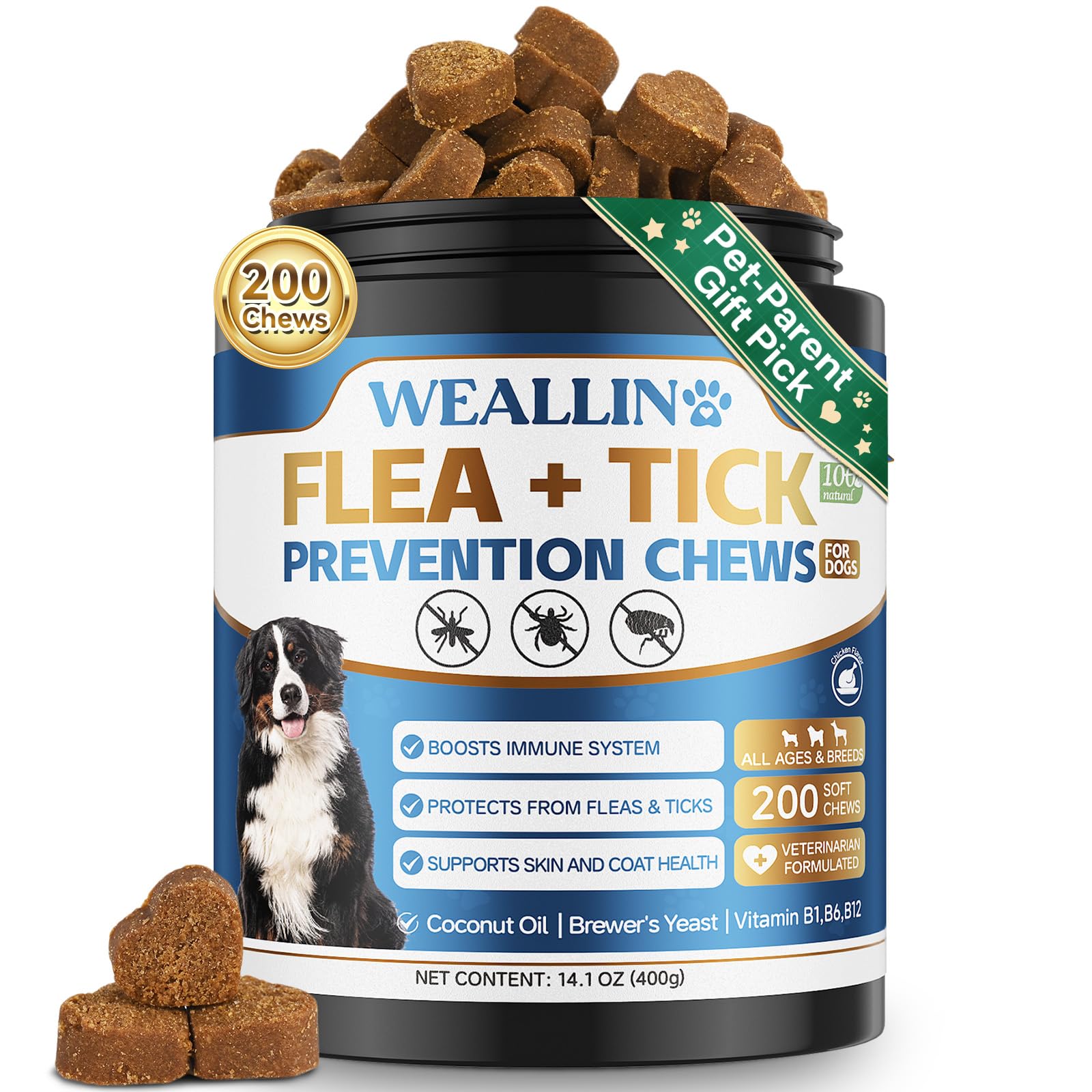 WEALLIN flea tick chews bottle shows natural dog protection for all breeds.