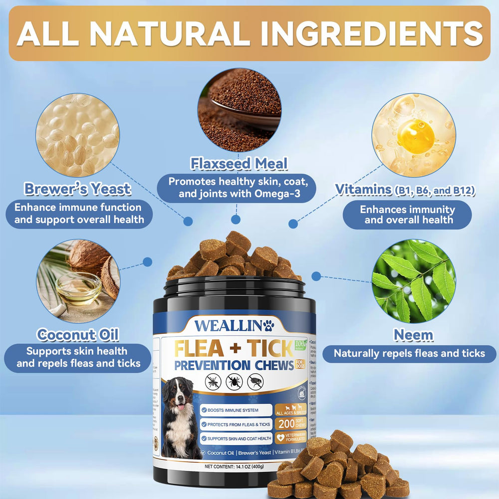 WEALLIN flea tick chews dog-treat shows puppy-friendly chews for gentle flea prevention.