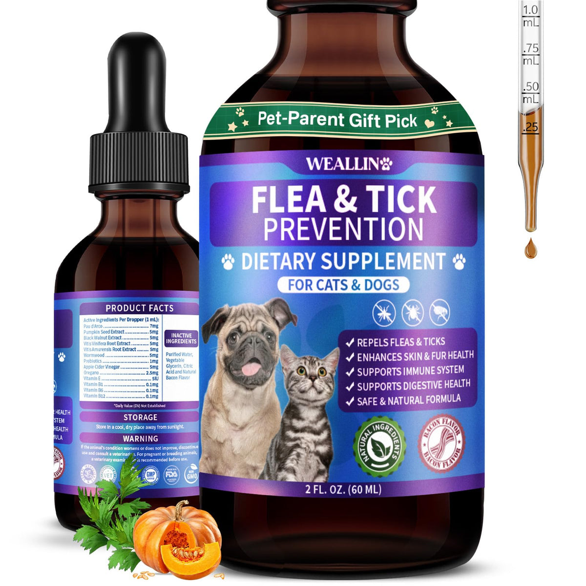 WEALLIN Flea & Tick Drops bottle closeup showing plant-based protection.