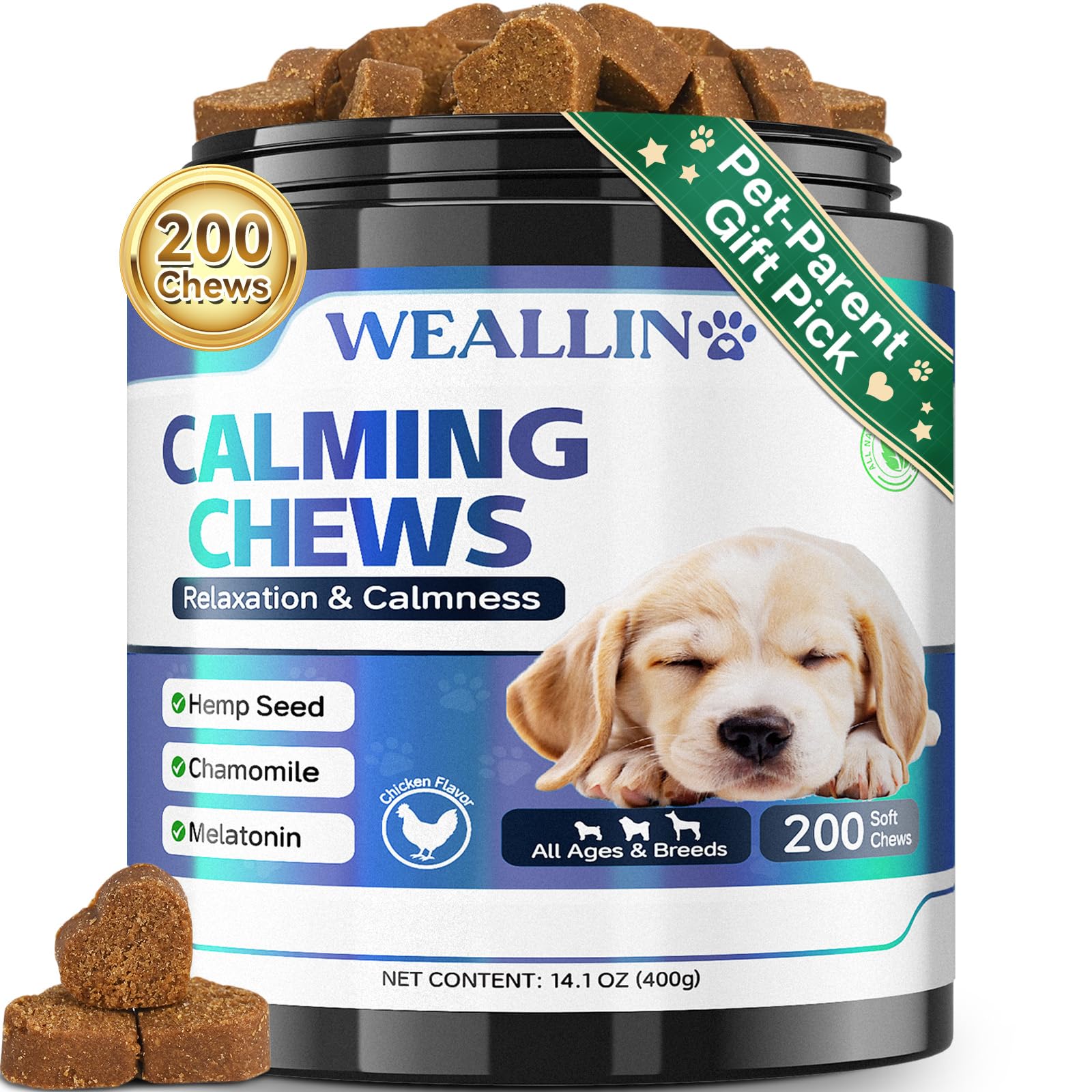 WEALLIN hemp calming chews for dogs packaging promotes easy calming during stressful events.