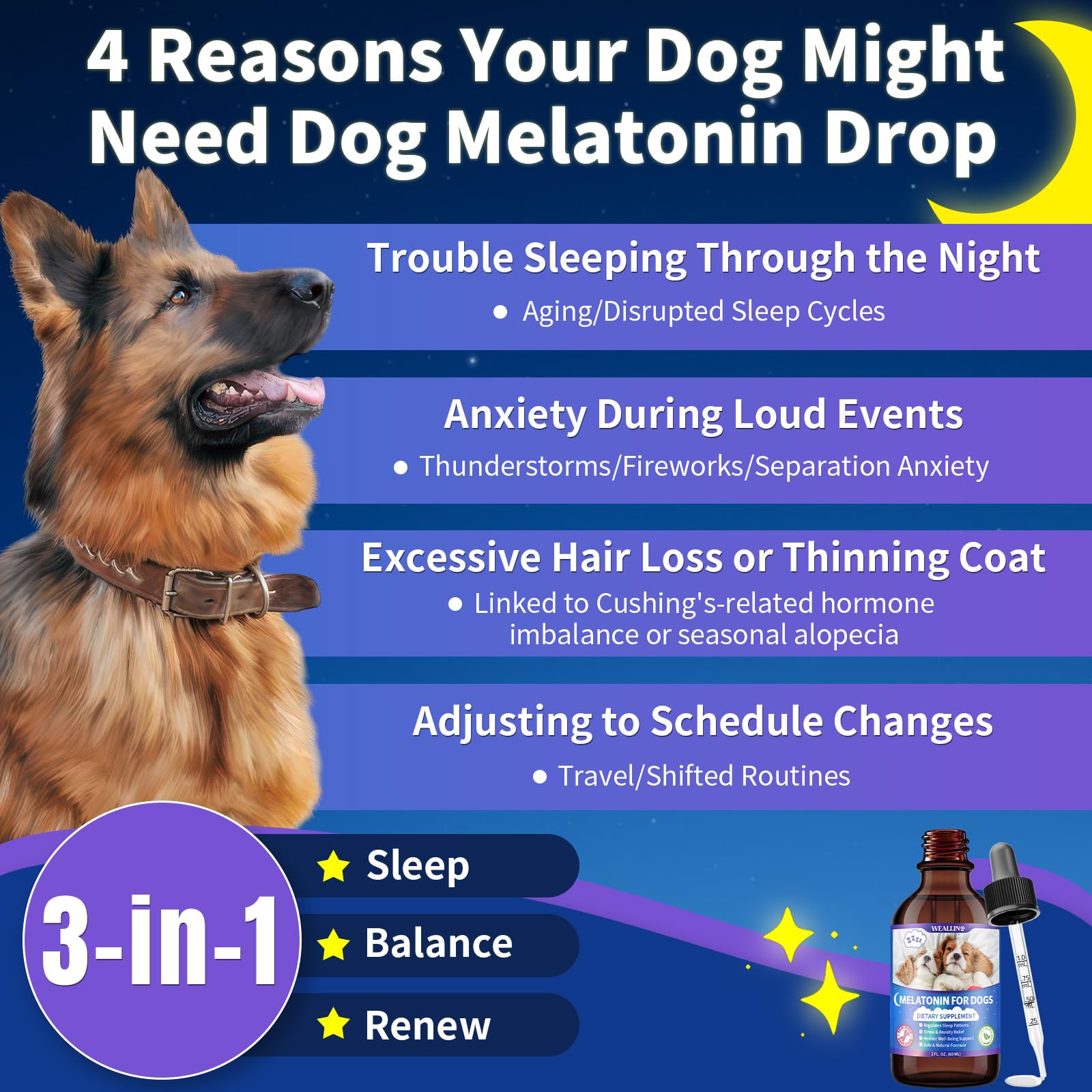 WEALLIN Melatonin for Dogs dog face relaxed after calming support.