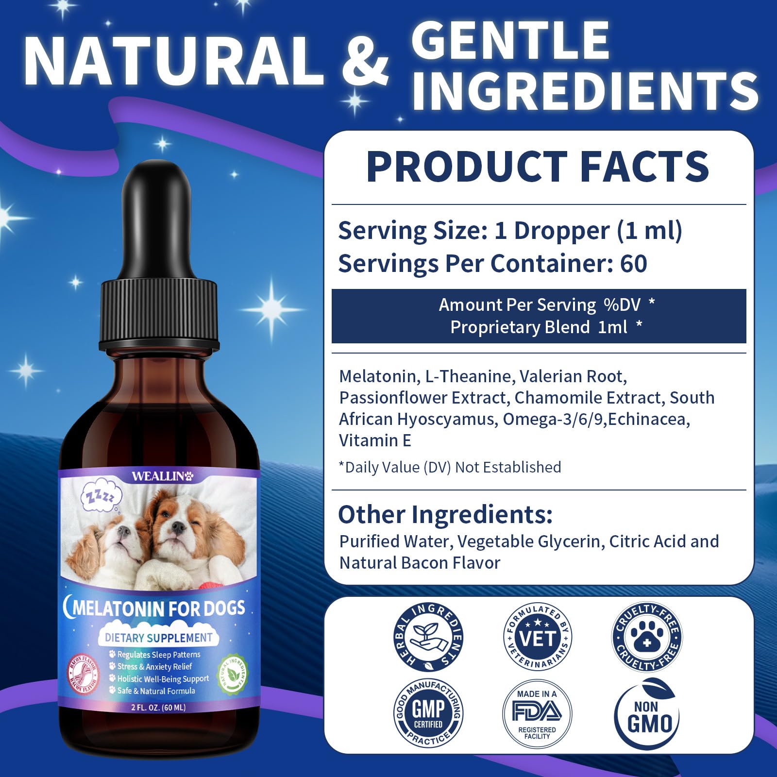 WEALLIN Melatonin for Dogs l-theanine chamomile ingredients label highlighting gentle formula.